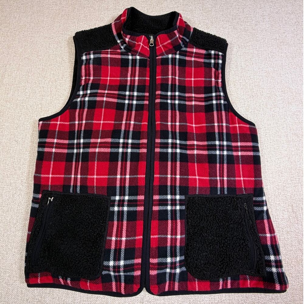 Talbots Women Large Red Black Plaid Thermawarmth Sherpa Lined Christmas  Vest
